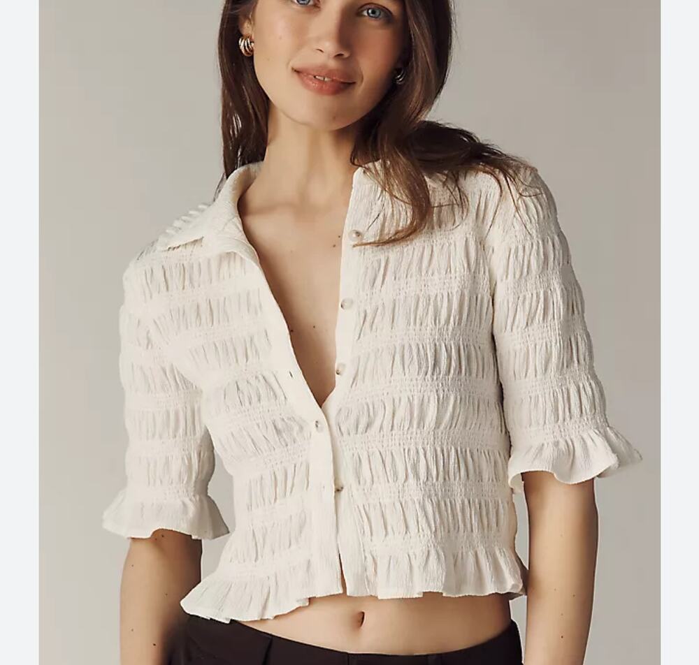 NEW Anthropologie Maeve Smocked Button Front White Blouse Women's Size M